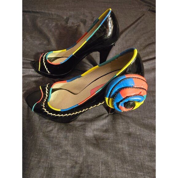 Betsey Johnson Black Womens 8.5 Open Peep Toe High Heels Shoes Multicolor Floral - Picture 1 of 7
